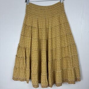 Max Studio Women Yellow Floral Boho Smocked Tiered Midi Skirt  Size XL